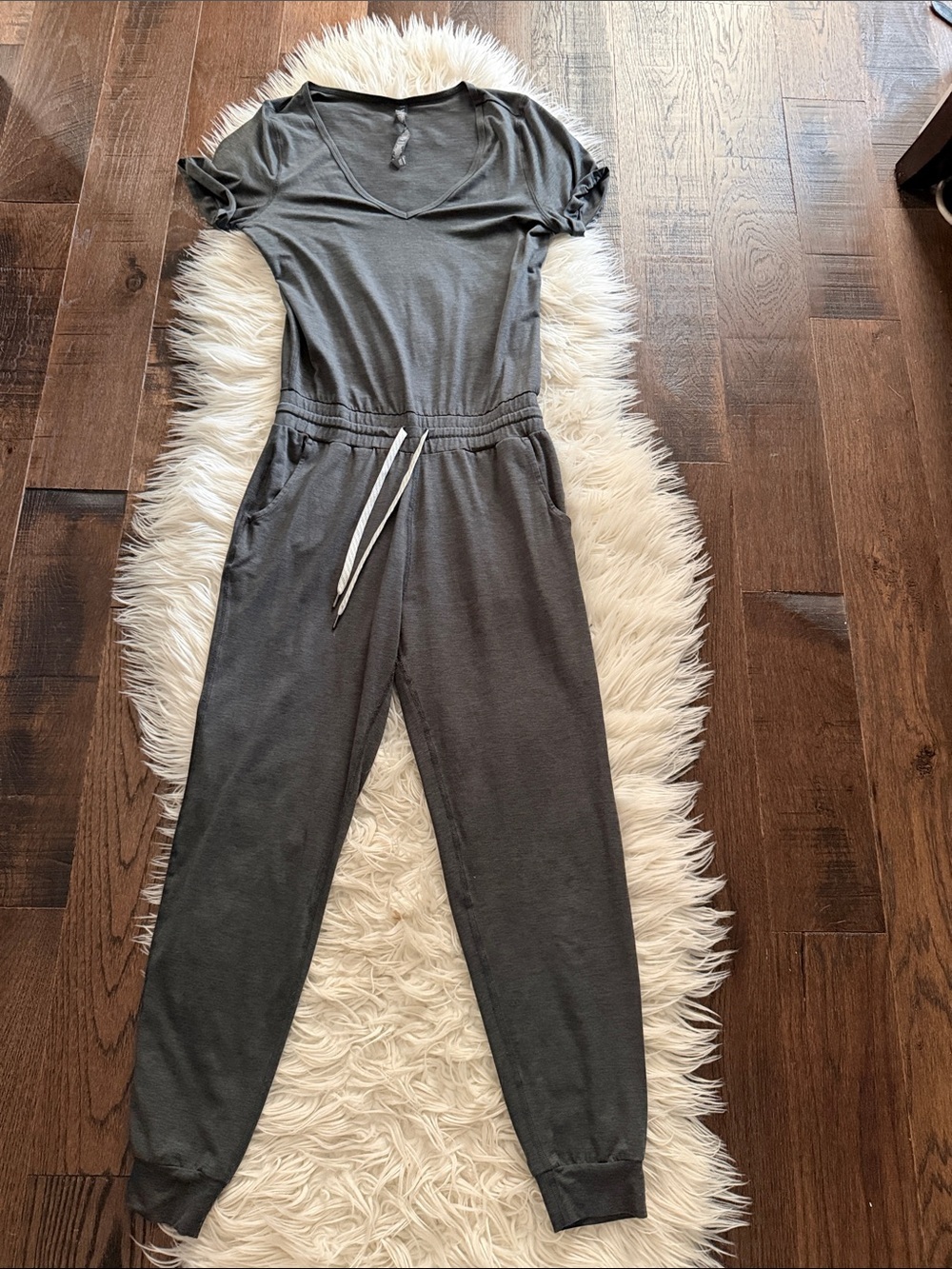 Vuori V-Neck Charcoal Jumpsuit with Drawstring Waist